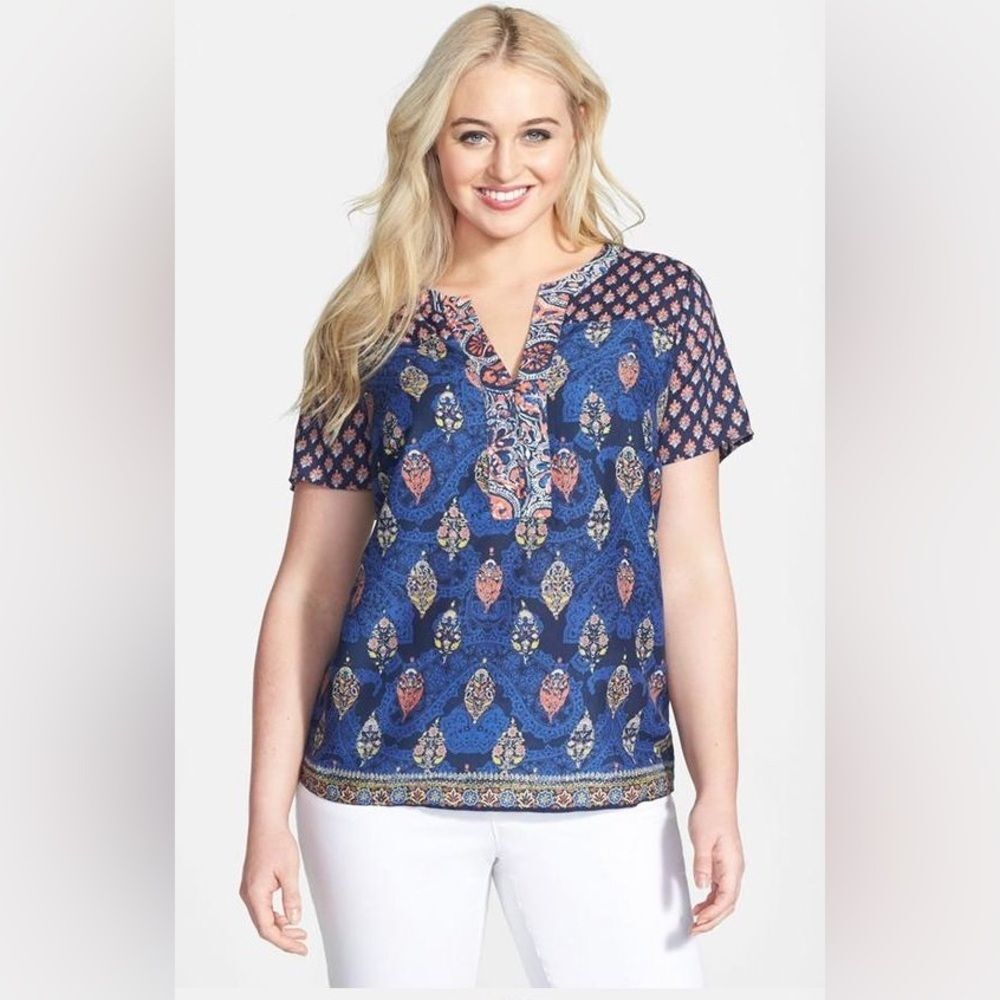 lucky Brand Blue and Pink Women's Tunic Kimono Coverup Top 1X Boho Beach Coastal